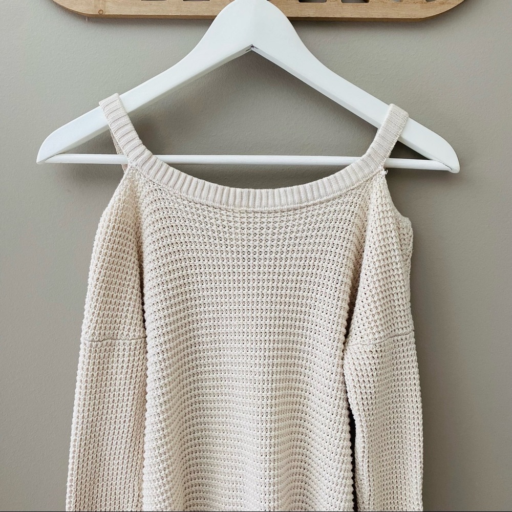 Free People Cold Shoulder Waffle Knit Sweater Cream Sz XS - Picture 10 of 10